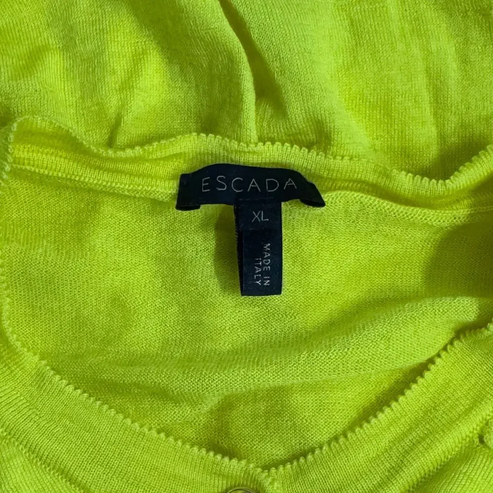 Escada Chartreuse Knit Cardigan Gold Buttons Italy Quiet Luxury L - Picture 4 of 9